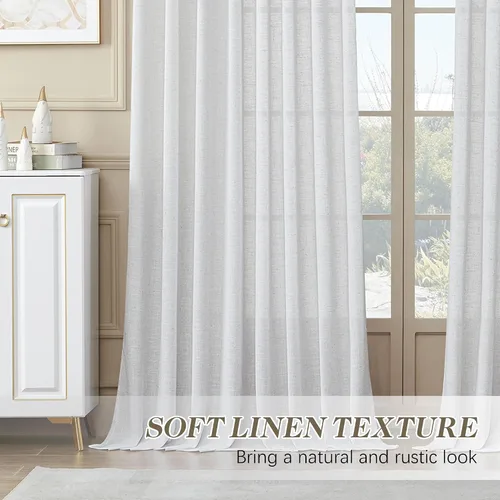 Miniatura 4 de MASWOND Cortinas plisadas blancas de 102 pulgadas de largo, cortinas semitransparentes de lino para sala de estar, juego de 2 paneles de cortinas