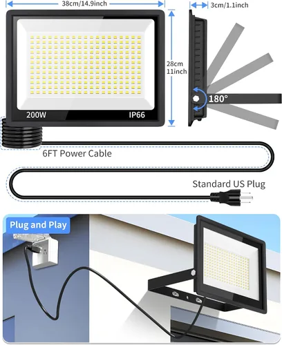 Miniatura 8 de Luz de inundación LED de 200 W para exteriores con enchufe+cable de 10 pies, luz de seguridad súper brillante de 24000 lúmenes, luz de trabajo LED