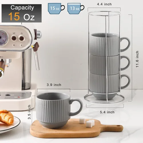 Miniatura 3 de Hasense Juego de tazas de café, juego de 4 tazas de té apilables con soporte - Juego de tazas grandes de cerámica acanaladas de 15 onzas para latte