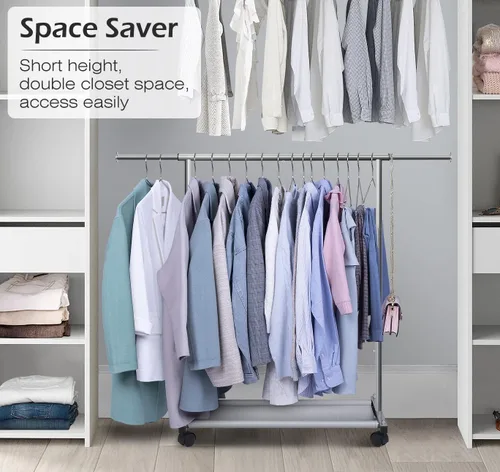Miniatura 2 de MISSLO Percheros resistentes para colgar ropa perchero rack de ropa con ruedas de metal, ajustable, blanco y plateado
