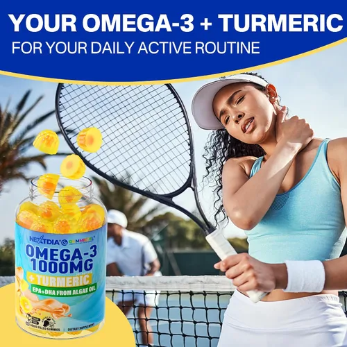 Miniatura 8 de Gomitas veganas Omega-3 de 1000 mg + cúrcuma, alternativa al aceite de pescado Omega 3 para adultos, algas DHA de 600 mg y EPA 300 mg, vitaminas A