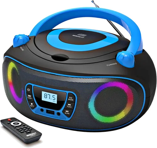 Reproductor de radio portátil CD Boombox con Bluetooth, radio FM, reproducción de MP3 por USB, entrada AUX, conector para auriculares, compatible