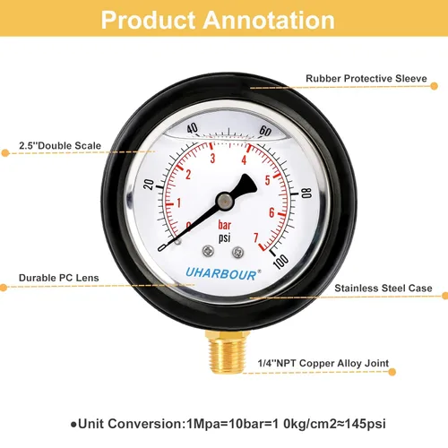 Miniatura 3 de Manómetro de presión de agua 2.5 pulgadas, esfera llena de líquido 0-100PSI, estuche protector de goma, montaje inferior de 1/4 pulgadas NPT