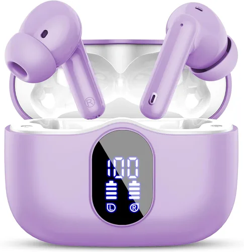 Auriculares inalámbricos, Bluetooth 5.4, estéreo de bajos, auriculares con micrófono con cancelación de ruido, pantalla LED en el oído, llamadas