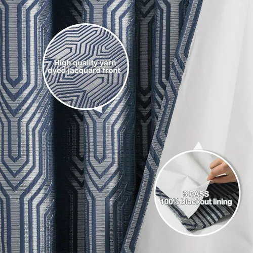 Miniatura 4 de Cortinas de patrón geométrico jacquard 100% opacas color azul índigo y plateado, 2 paneles de 52 pulgadas de ancho y 84 pulgadas de largo