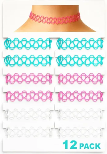 BodyJ4You Juego de 12 gargantillas elásticas estilo tatuaje, accesorios y joyería de los años 90 y 2000, rosado, azul, verde, colorido, arcoíris,