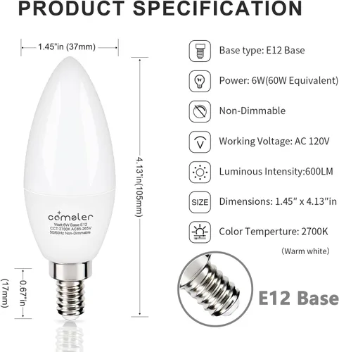 Miniatura 5 de comzler Bombilla LED E12 de 2700 K, luz blanca cálida suave, bombillas de araña equivalente a 60 W, bombilla CRI85+ de 6 W, 120 V, 600 LM, bombillas