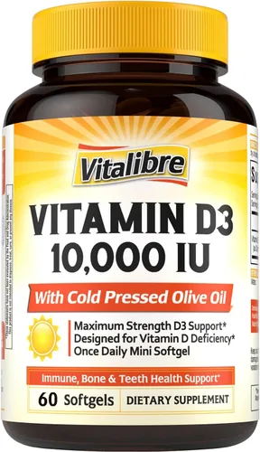 Vitalibre Vitamina D3 de máxima fuerza 10,000 UI (250 mcg), altamente biodisponible, con aceite de oliva prensado en frío, apoyo inmunológico, para