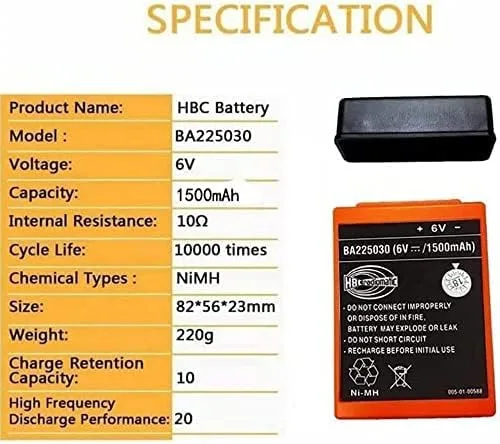 Miniatura 2 de Paquete de 1 para HBC Radiomatic BA225030 6V 1500mAh batería Ni-Mh recargable para grúa HBC Control remoto bomba camión batería