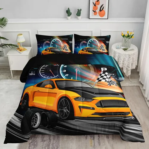 Miniatura 10 de Juego de edredón para niños Axolotl, tamaño individual, juego de ropa de cama con diseño de autos de carreras para niños, niñas, adolescentes