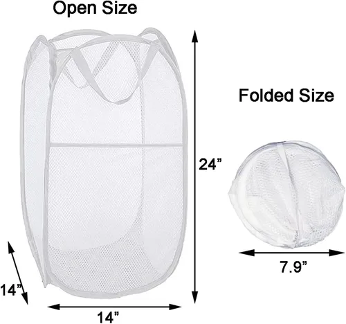 Miniatura 2 de Paquete de 2 cestas plegables de malla para la ropa sucia, cestas plegables para la ropa de baño, dormitorio universitario, viajes (blanco)
