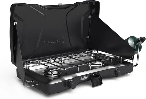 Coleman Triton - Estufa de propano de 2 quemadores, estufa portátil para acampar con 2 quemadores ajustables y protectores contra el viento, 22,000