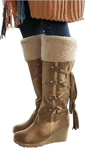 Miniatura 2 de ZiSUGP Botas de nieve con tacón de cuña para mujer botas largas hasta la rodilla cálidas y cómodas para montar en combate