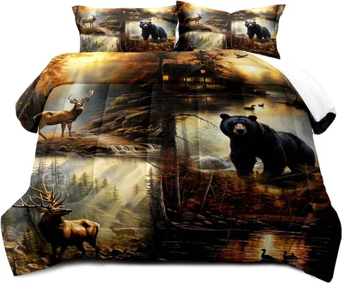 Miniatura 3 de LUVIVIHOME Juego de edredón de 3 piezas con diseño de osos negros y ciervos tamaño King, con estampado de alces, alces, patos Mallard, animales Oso