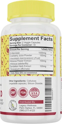 Miniatura 8 de Legacy Wellness Cran-Hibi-D: D Manosa con cápsulas de arándano, hibisco y diente de león, salud del tracto urinario, limpieza natural, apoyo