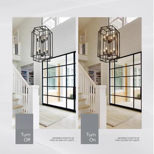 Miniatura 8 de lámpara colgante de farol de 8 luces en forma de escalones, lámpara de araña de granja de metal negro para colgar en vestíbulo de entrada, comedor