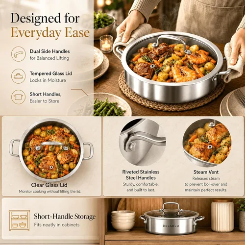 Miniatura 7 de DELARLO Sartén de tres capas de acero inoxidable de 10 pulgadas Sartén de freír profunda de 3QT con tapa Sartén de saltear con tapa Compatible