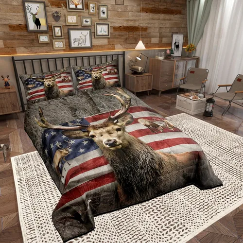Miniatura 3 de Juego de edredón de ciervo con bandera americana tamaño Queen, edredones con temática de animales salvajes y árboles color marrón para niños