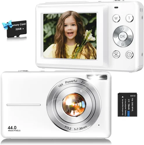 Miniatura 10 de Cámara digital, FHD 1080P para niños, cámara digital de 44 MP para apuntar y disparar con tarjeta de 32 GB, zoom de 16X, antivibración, sello