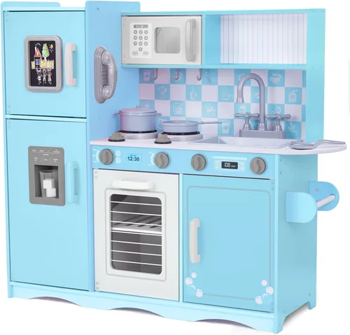 Juego de cocina infantil Lil' Jumbl, cocina de madera de simulación con pizarra, teléfono de juego, toallero y dispensador de hielo, perillas con