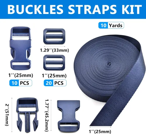 Miniatura 3 de Juego de correas de hebillas de 1 pulgada con correa de nailon de 10 yardas, 10 hebillas de plástico de liberación lateral rápida, 20 clips Azul