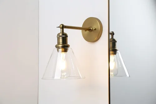 Miniatura 3 de Yosoan Lámpara de pared para interiores, 1 luz moderna de latón antiguo vintage, cableado industrial con embudo acampanado de vidrio transparente
