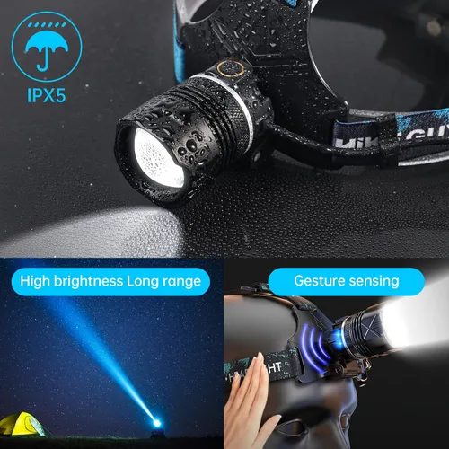 Miniatura 5 de Faro de Cabeza LED Recargable, Linterna de 1500 Lúmenes Super Brillante con 6 Modos y Luz de Advertencia IPX5, Banda Ajustable con Sensor