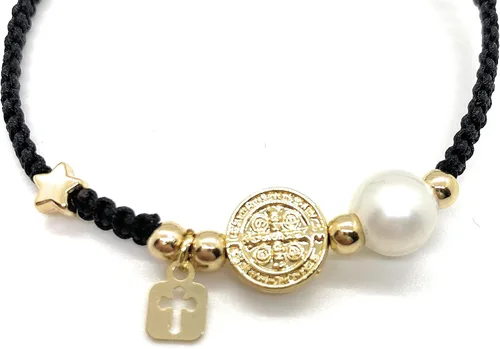 Miniatura 5 de Alea Collection Medalla protectora de San Benito con dijes sagrados de cuerda negra ajustable para mujer, Cuerda de algodón de lino, dije chapado