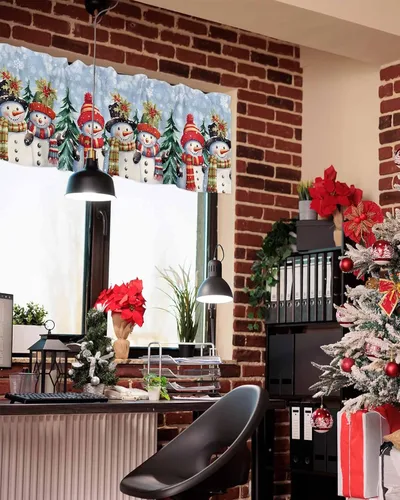 Miniatura 4 de Cenefa de Navidad para ventanas, cortinas de muñeco de nieve, cenefas con bolsillo para barra, tratamientos de ventana, cortinas cortas azules