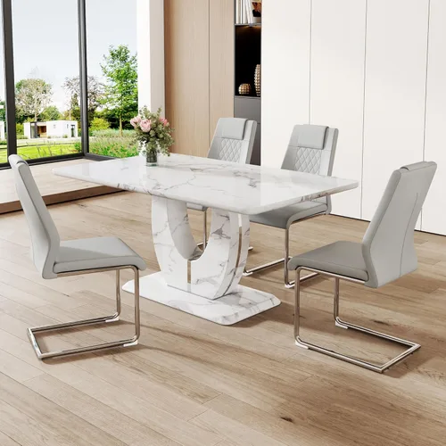Miniatura 10 de Juego de 6 sillas de mesa de comedor para 6, juego de 6, moderno juego de comedor con mesa de comedor de mármol de 63 pulgadas, sillas tapizadas