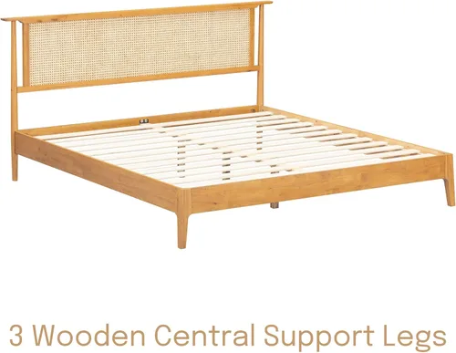 Miniatura 2 de NTC Marco de Cama de Madera Ruby con Cabecero y Ratán Natural, Base de Madera Sólida de Roble/Caucho con Listones Silenciosos, Capacidad de 1000