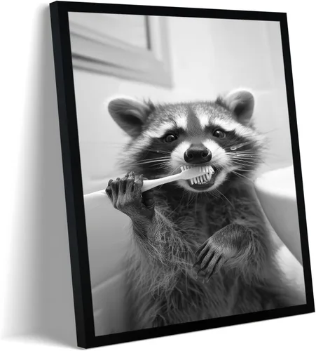 Miniatura 17 de Lienzo enmarcado en blanco y negro para el baño, divertida decoración de baño de animales, linda nutria sosteniendo un rollo de papel higiénico