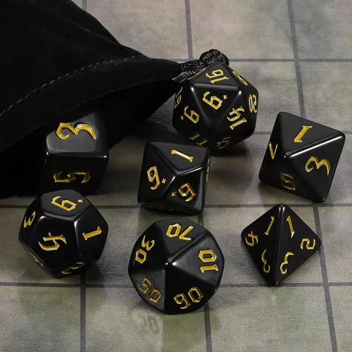 Miniatura 6 de CiaraQ DND - Juego de dados poliédricos con bolsa de dados para juegos de rol de Calabozos y Dragones RPG MTG (fuente negra y dorada)