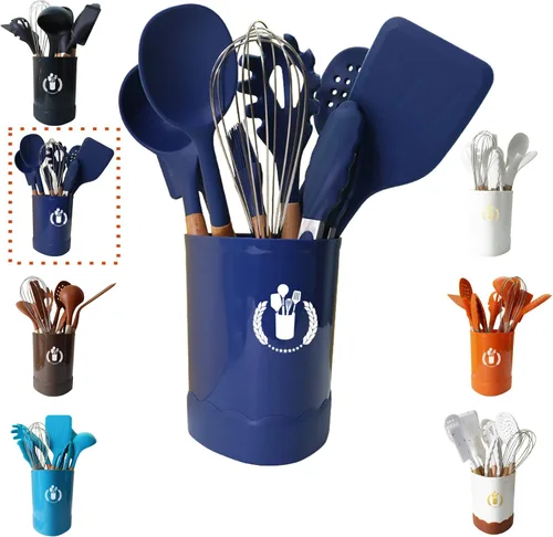 Miniatura 10 de Color Dots - Juego de utensilios de cocina de silicona, 11 piezas, mango de madera, resistente al calor, antiadherente, seguro para utensilios