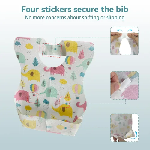 Miniatura 3 de 100 PCS Disposable Bibs for Toddlers, 5 Patterns Individually Packaged Baby Bibs with Catcher and Waterproof Liner for Boys Girls Eating, Baby
