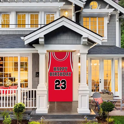 Miniatura 4 de Fondo de pancarta de feliz cumpleaños 23, fondo rojo de baloncesto estrella jugador de deportes decoración para hombre niño primer cumpleaños fiesta