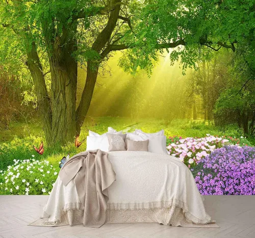 Reyhui - Papel tapiz con imagen de bosque, flores y camino en mural de pared para dormitorio, sala de estar, fondo de TV, sofá (no se pela y no se
