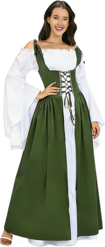 Disfraz renacentista para mujer, vestido medieval para fiesta de Halloween, vestido de feria Ren de manga larga y corta, disfraz vintage A#verde