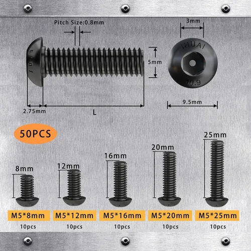 Miniatura 2 de Tornillos de cabeza de botón M5 x 0.315 in, 0.472 in, 0.630 in, 0.787 in, 0.984 in, cabeza de botón, acero de aleación de grado 10.9, unidad