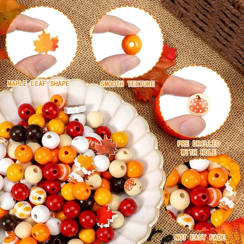 Miniatura 5 de Ripeng 200 cuentas de madera de Acción de Gracias, naranja, cuentas de calabaza, hoja de arce, gnomo, a cuadros, coloridas y redondas para cosecha