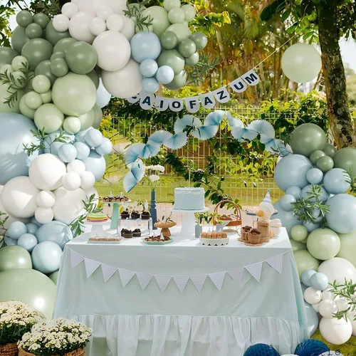Miniatura 7 de Kit de arco de globos verde salvia azul pastel, 124 piezas de globos macarón amarillo blanco verde para decoraciones de cumpleaños de ganso, género