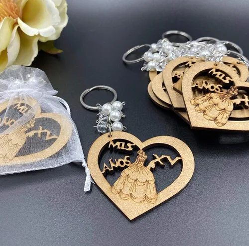 Miniatura 3 de YRP 12 piezas dulce 15 madera diseño llavero Quinceañera Recuerdos favores para niña con bolsas de organza