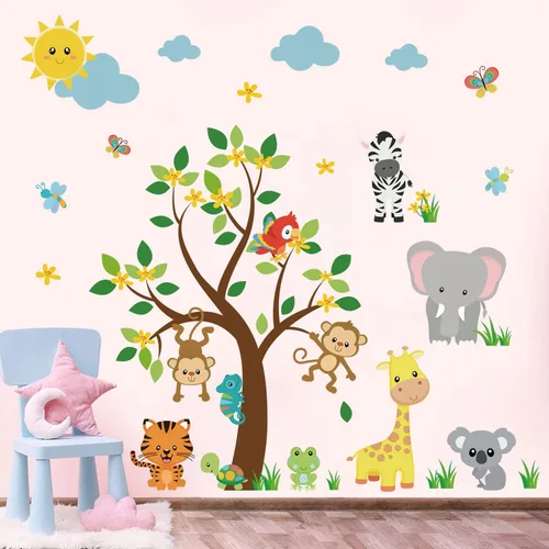 Miniatura 4 de Supzone Calcomanías de pared de animales de selva, diseño de mono, árbol, elefante, jirafa, tigre, calcomanía de pared para niños, niñas, niños