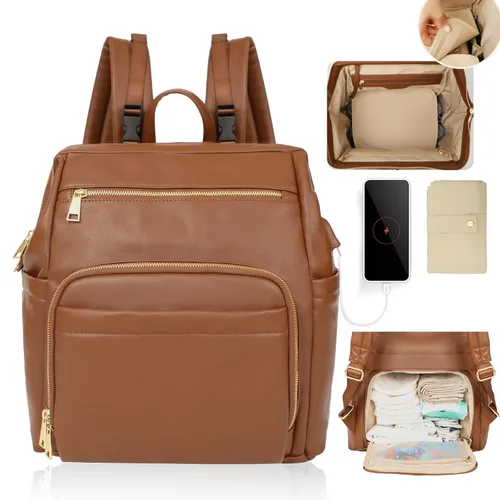Omanmoli Mochila de cuero grande para pañales con 18 bolsillos organizadores, 6 bolsillos aislados, puerto de carga USB, correas para cochecito,
