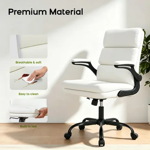 Miniatura 6 de Silla de Oficina Ajustable Silla de Escritorio Respaldo Medio Ejecutiva Cómoda Cuero Sintético Ergonómico Soporte para la Espalda Silla de Blanco