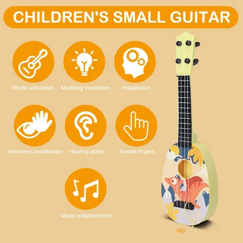 Miniatura 4 de YOLOPLUS+ Ukelele de juguete para niños, juguete musical de guitarra para niños, 4 cuerdas de acero de 17 pulgadas, con púa, juego educativo