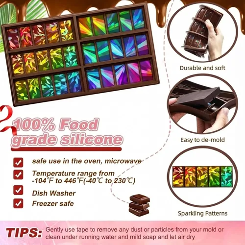 Miniatura 3 de Ziliny Molde holográfico de barra de chocolate con molino de viento y diamante, barra de chocolate con efecto de luz arcoíris, moldes gruesos
