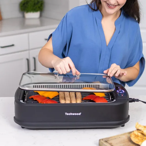 Miniatura 2 de Parrilla para interiores, Techwood 1500W sin humo con tapa de vidrio templado, parrilla eléctrica compacta y portátil antiadherente con control de 6