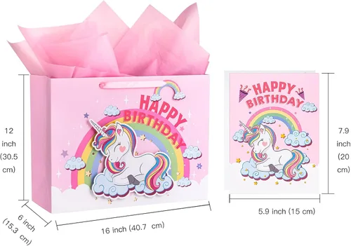 Miniatura 2 de WRAPAHOLIC Bolsa de regalo de cumpleaños extra grande de 16 pulgadas con tarjeta y papel de seda, unicornio de fantasía feliz cumpleaños Unicornio