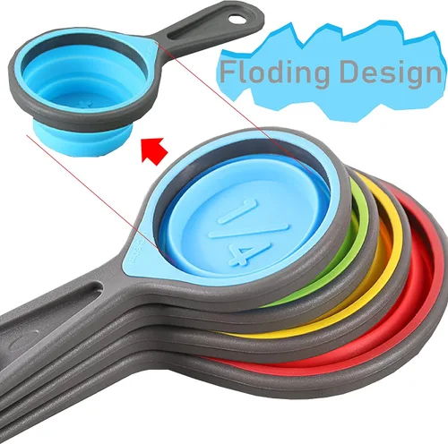 Miniatura 3 de Tazas medidoras suaves de silicona plegables y cucharas medidoras, 8 piezas de taza de medición de silicona portátil de grado alimenticio para Rojo